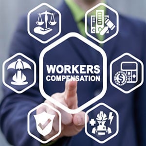 Worker pointing to 'Workers Compensation' with related icons surrounding it - Weber Worker's Comp